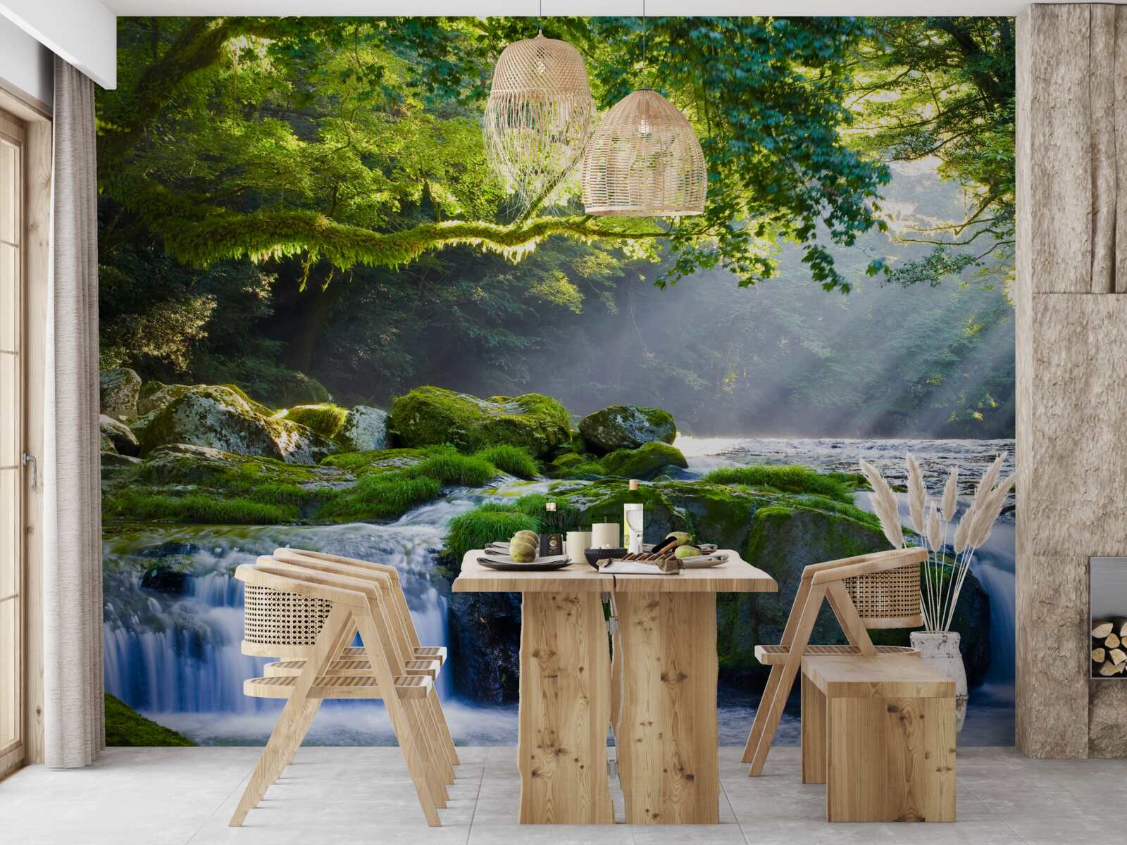 Fototapeta promienie słońca docierają do leśnego wodospadu