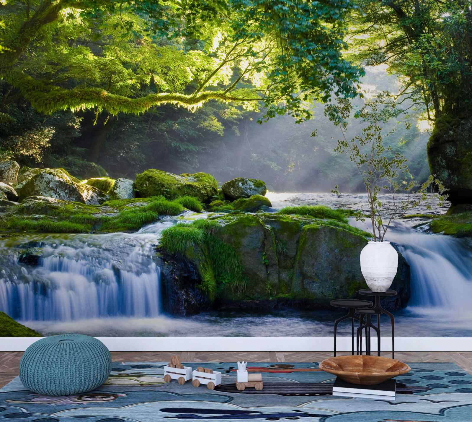 Fototapeta promienie słońca docierają do leśnego wodospadu