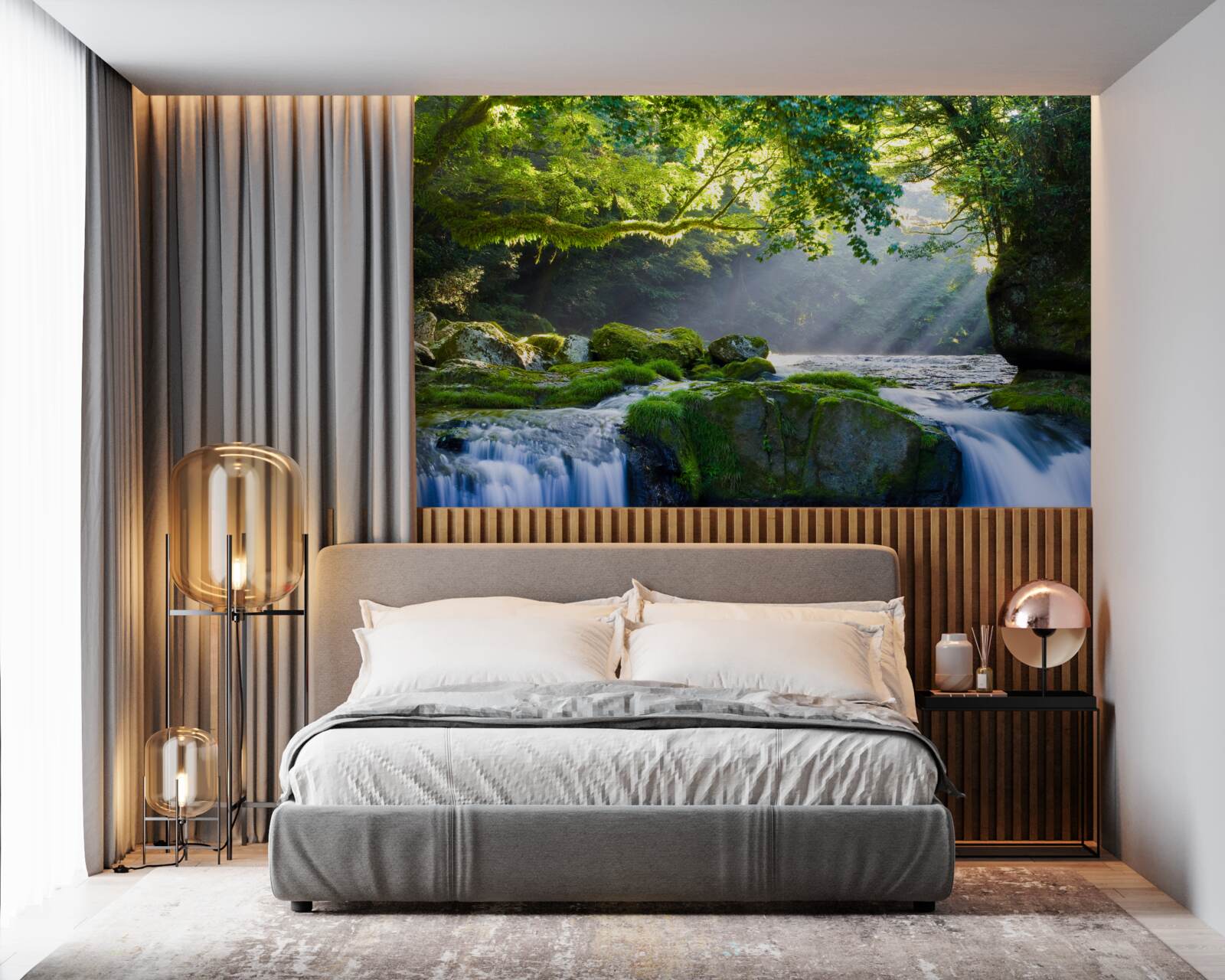 Fototapeta promienie słońca docierają do leśnego wodospadu