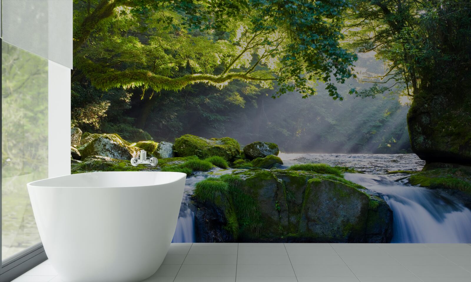 Fototapeta promienie słońca docierają do leśnego wodospadu