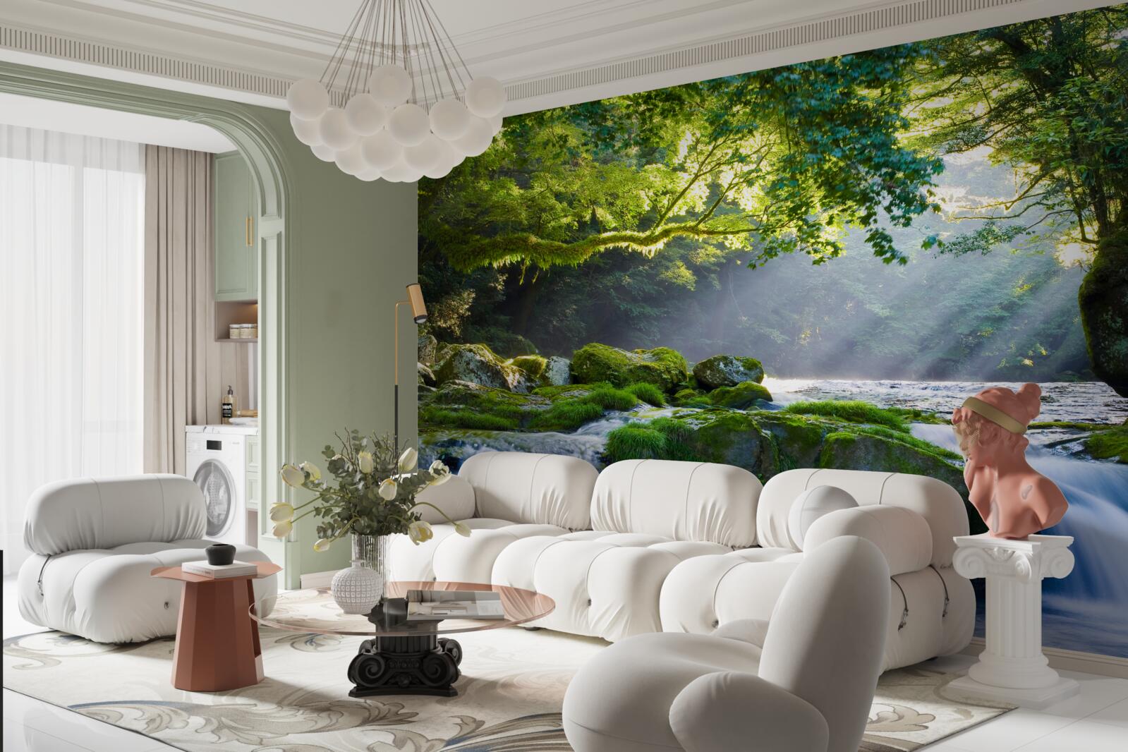 Fototapeta promienie słońca docierają do leśnego wodospadu