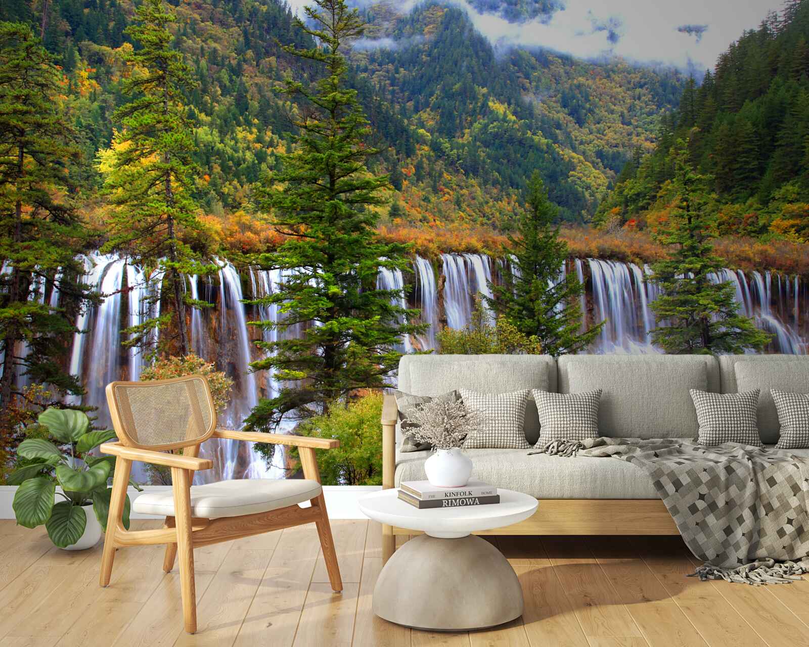 Fototapeta ogromny wodospad spływający po zboczach gór