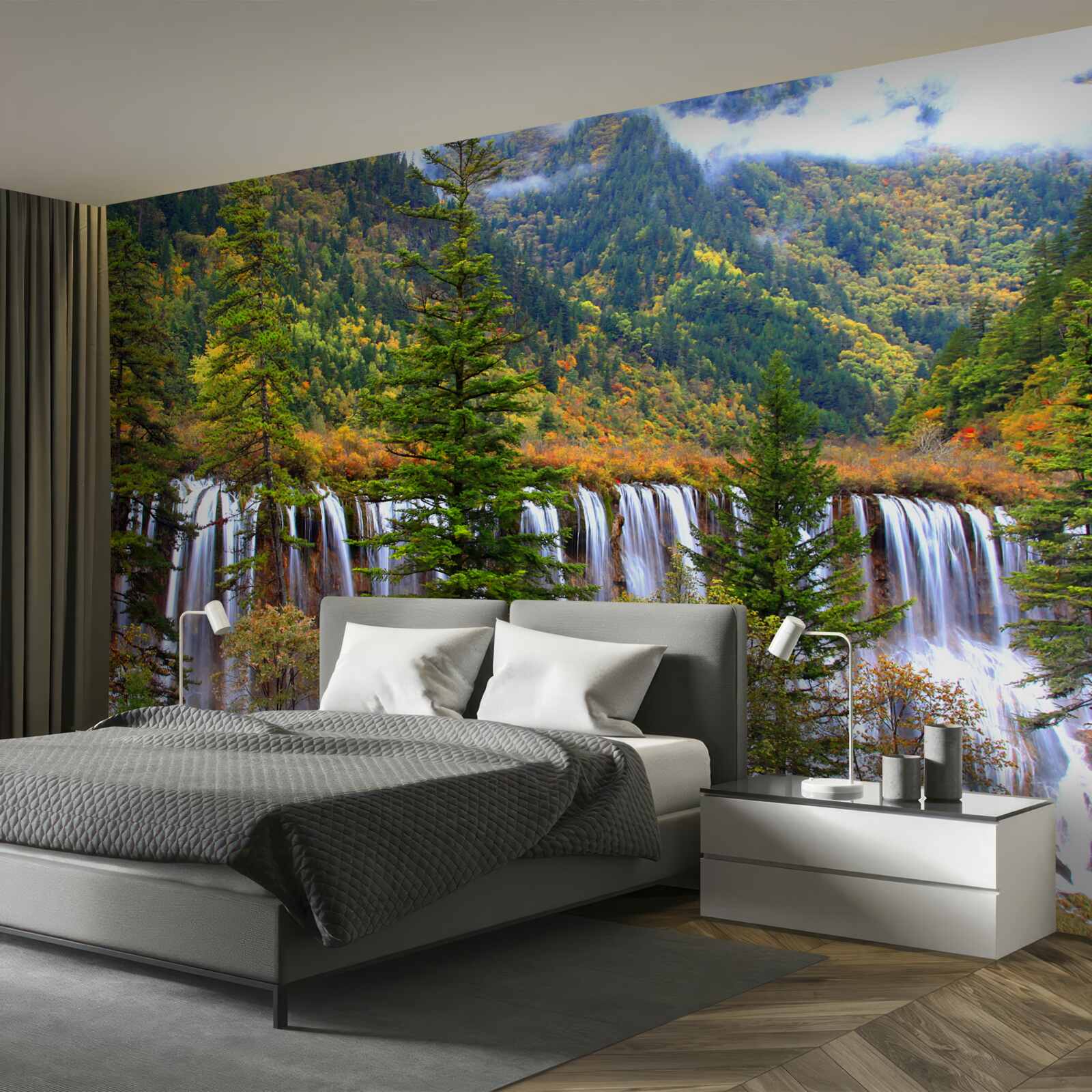 Fototapeta ogromny wodospad spływający po zboczach gór