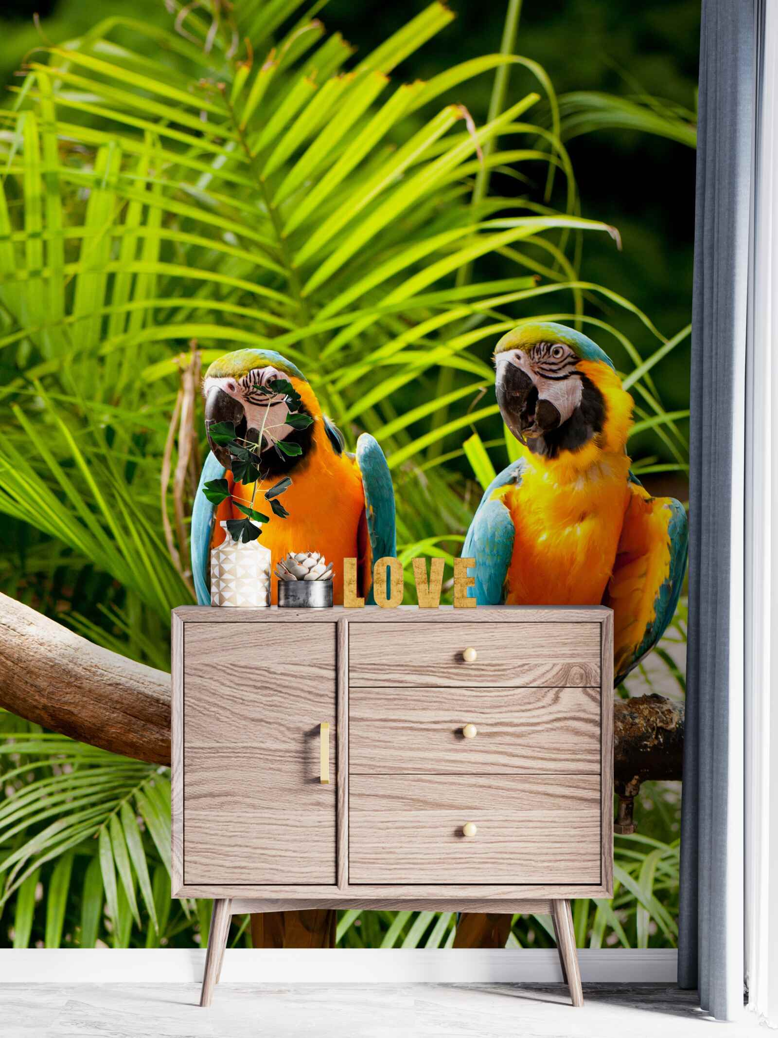 Fototapeta dwie ary siedzące na gałęziach palmowych