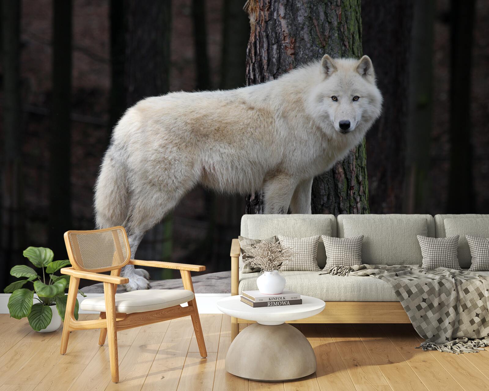 Fototapeta szary wilk na drewnianej kłodzie