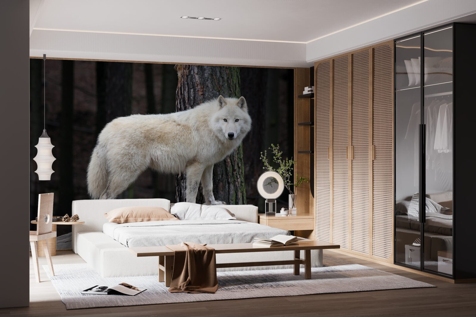 Fototapeta szary wilk na drewnianej kłodzie