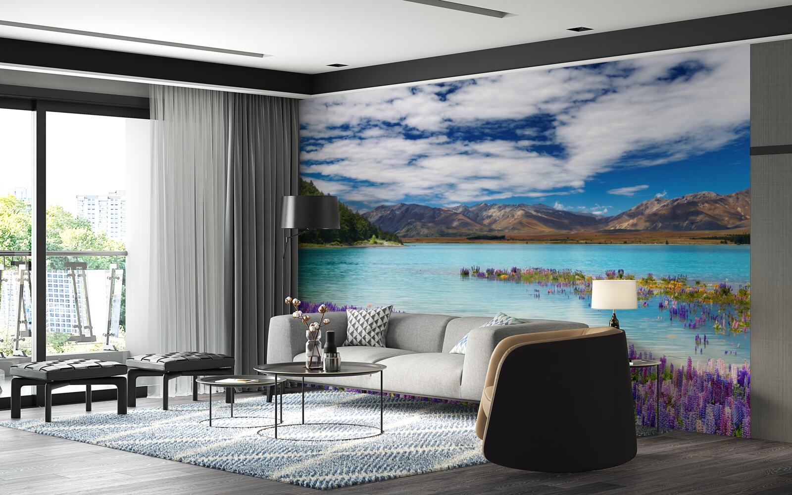 Fototapeta kwiaty odbijają się w krystalicznie czystej wodzie górskiego jeziora