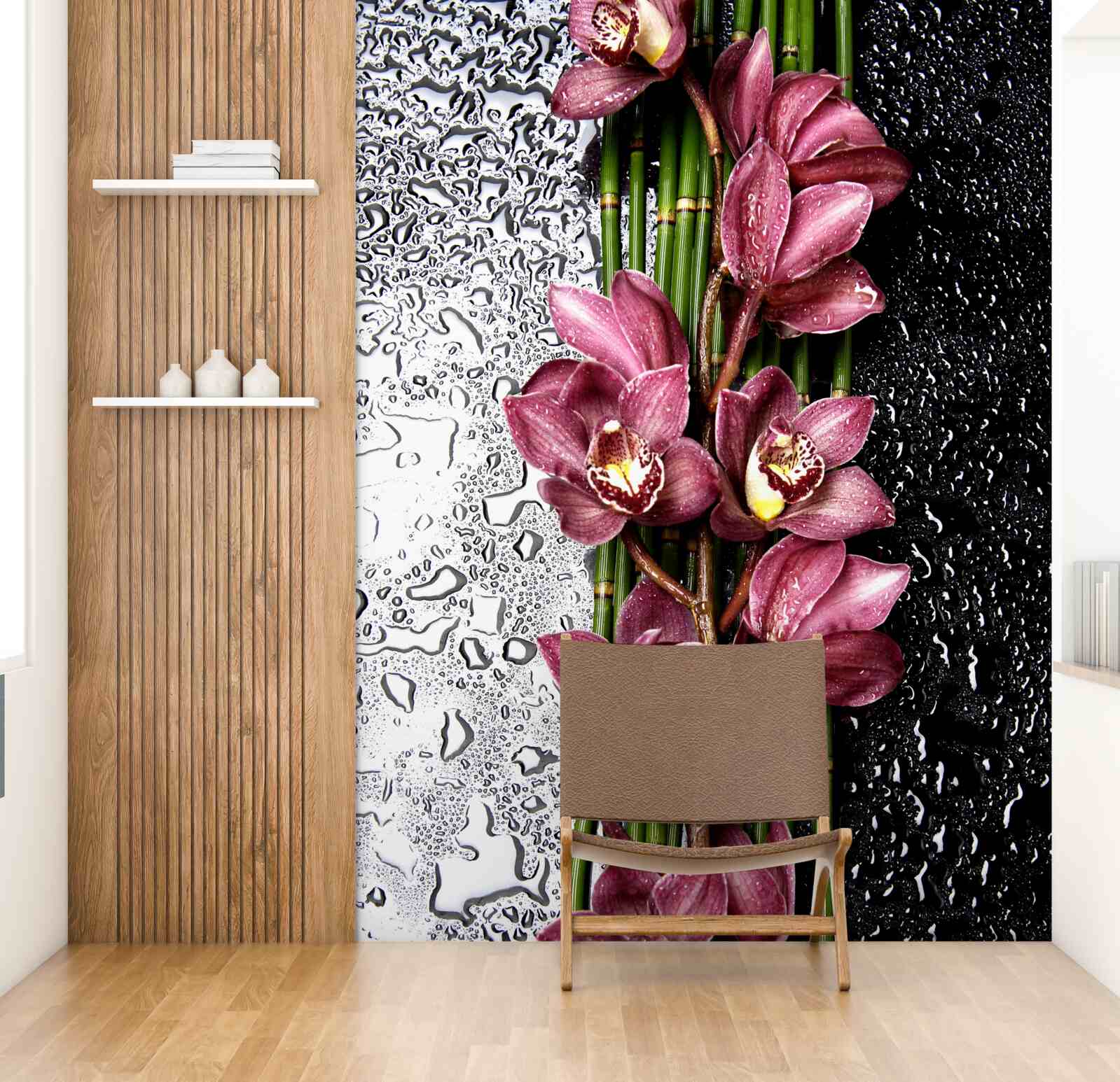 Fototapeta mokra podłoga ozdobiona jest gałązkami delikatnych kwiatów