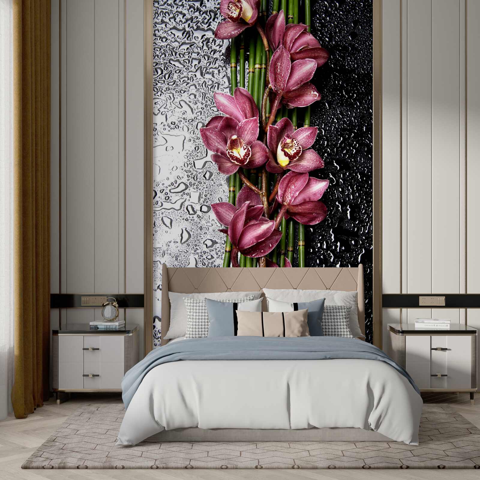 Fototapeta mokra podłoga ozdobiona jest gałązkami delikatnych kwiatów