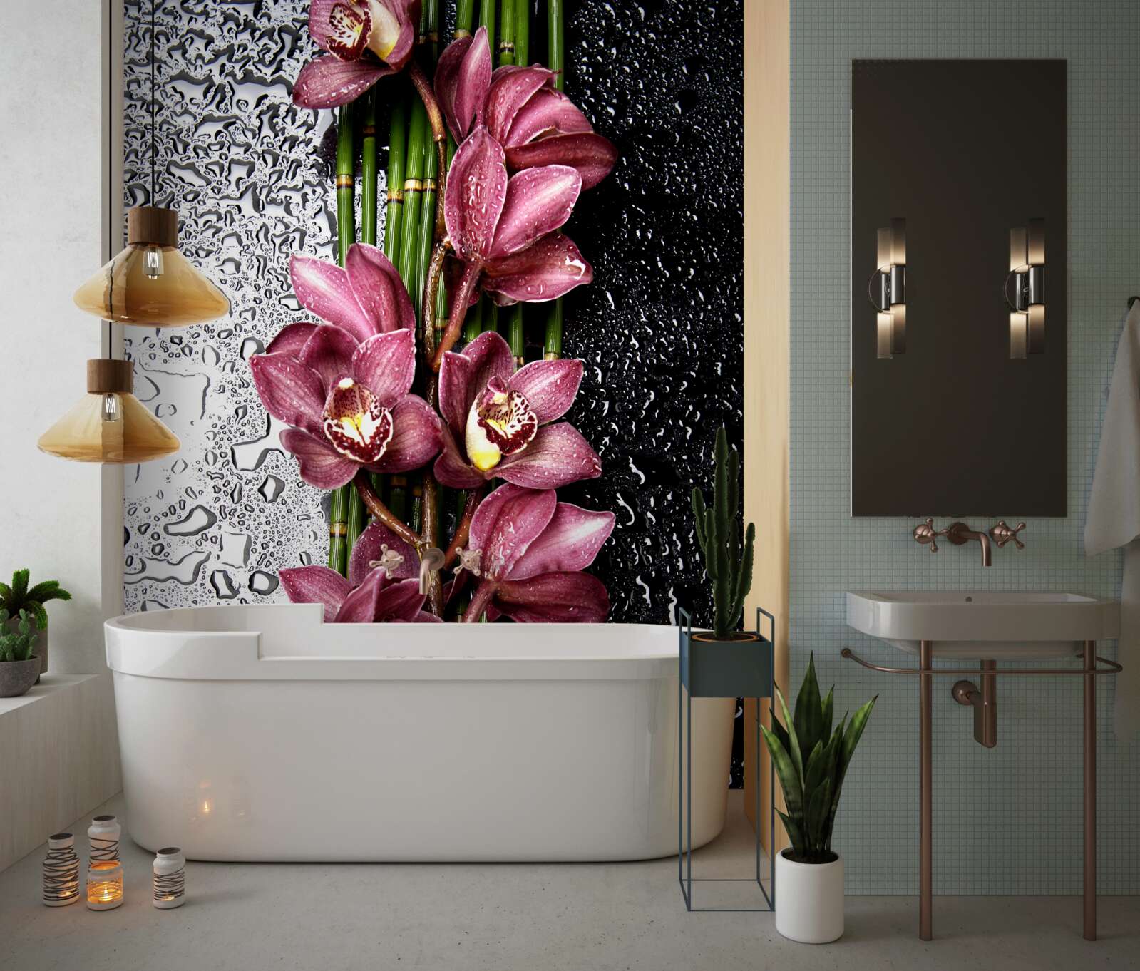 Fototapeta mokra podłoga ozdobiona jest gałązkami delikatnych kwiatów