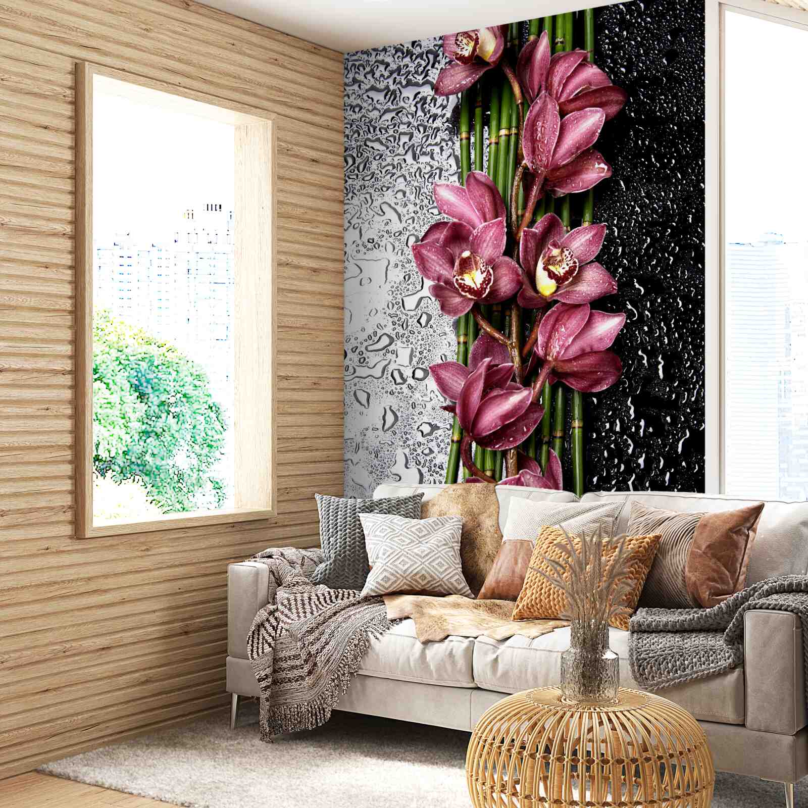 Fototapeta mokra podłoga ozdobiona jest gałązkami delikatnych kwiatów