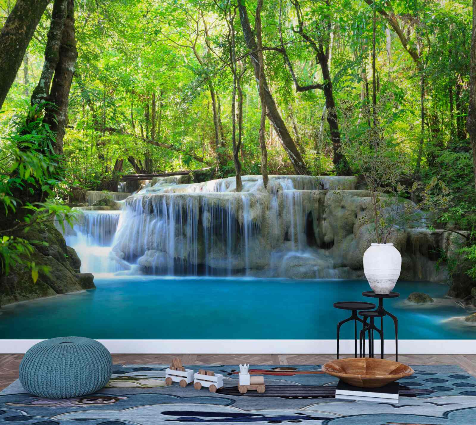 Fototapeta zielony las kryje wodospad