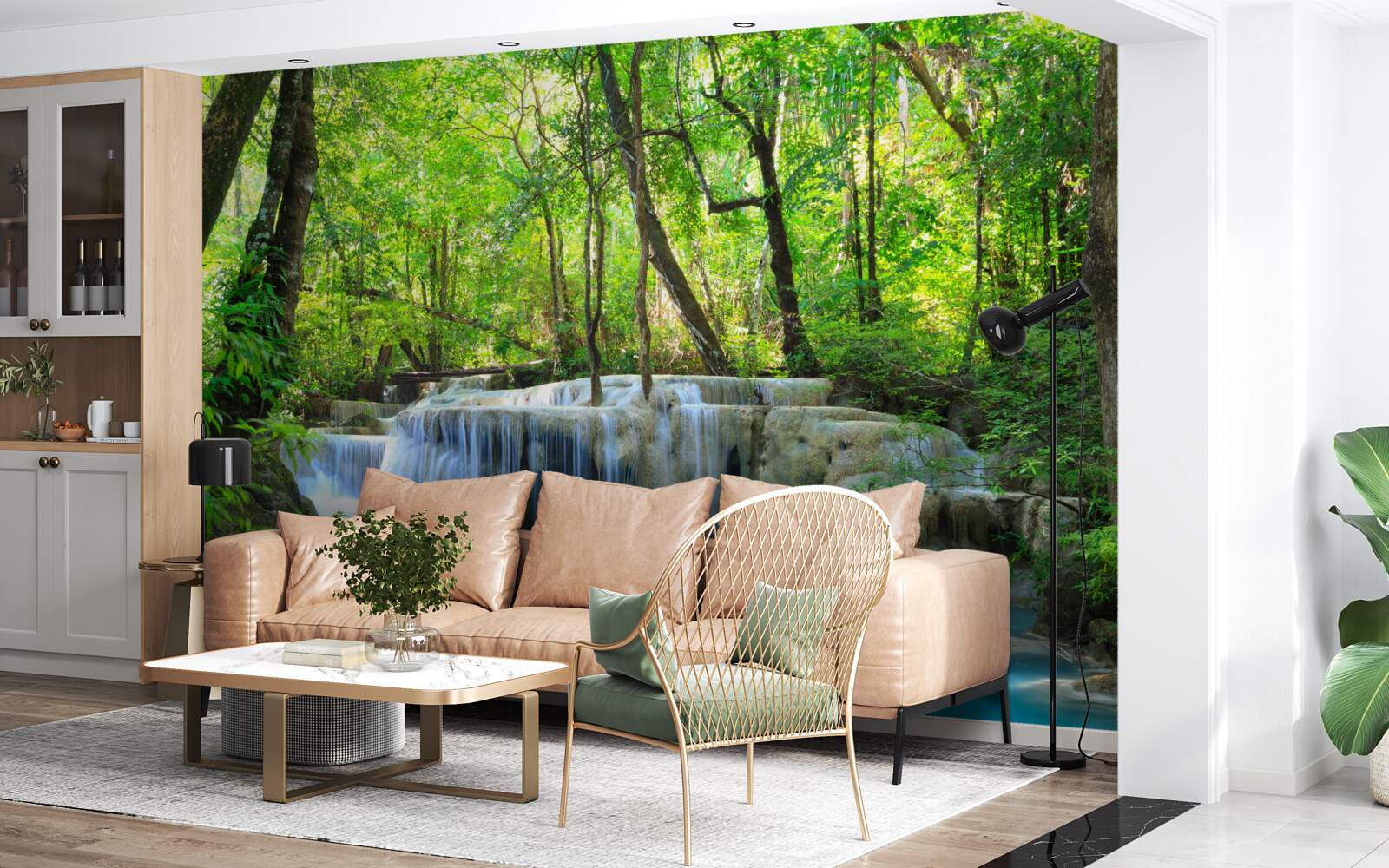 Fototapeta zielony las kryje wodospad