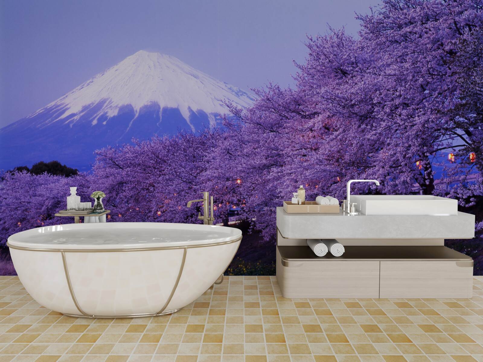 Fototapeta kwiaty bzu u podnóża góry rosną blisko wody