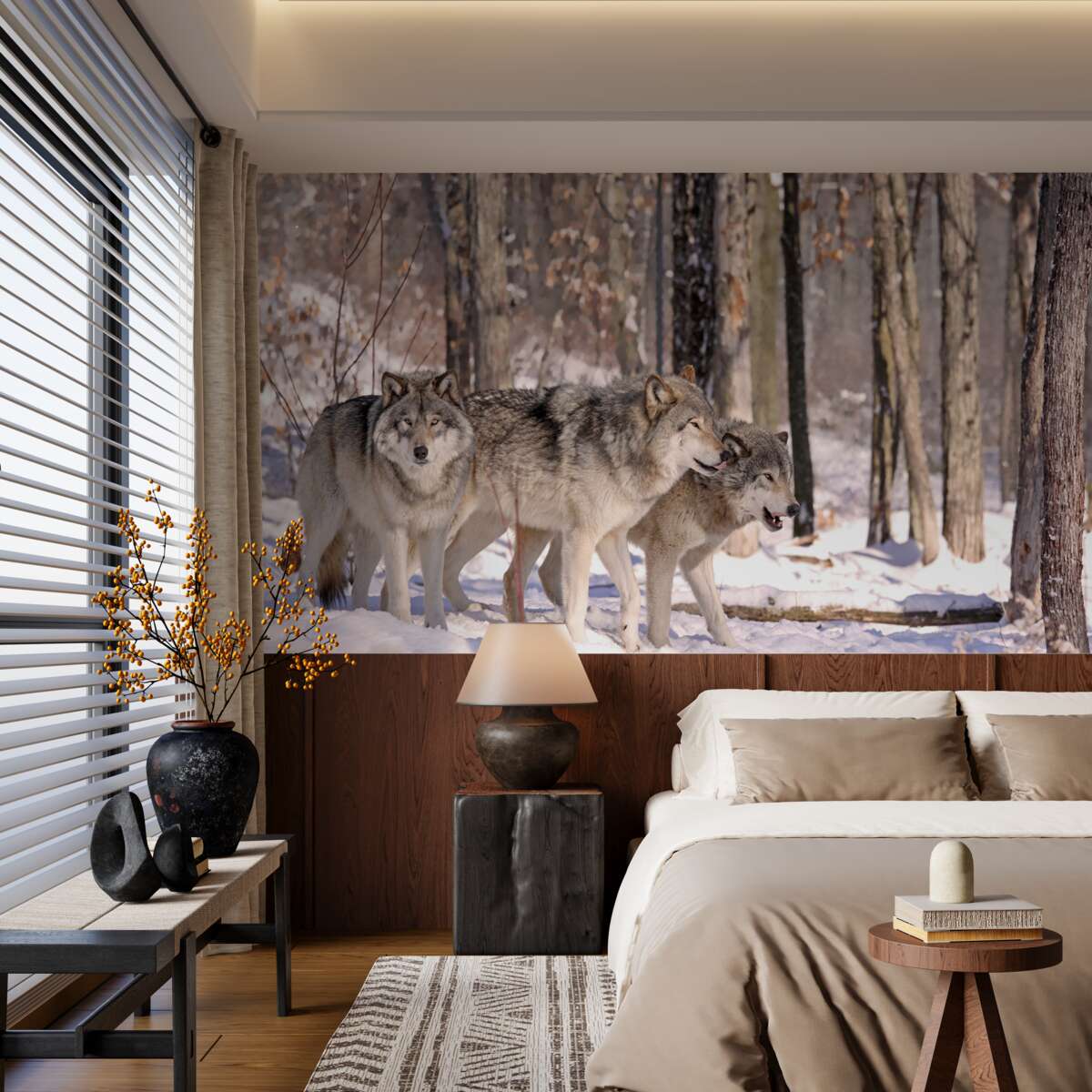 Fototapeta grupa wilków spaceruje przez zimowy gąszcz lasu