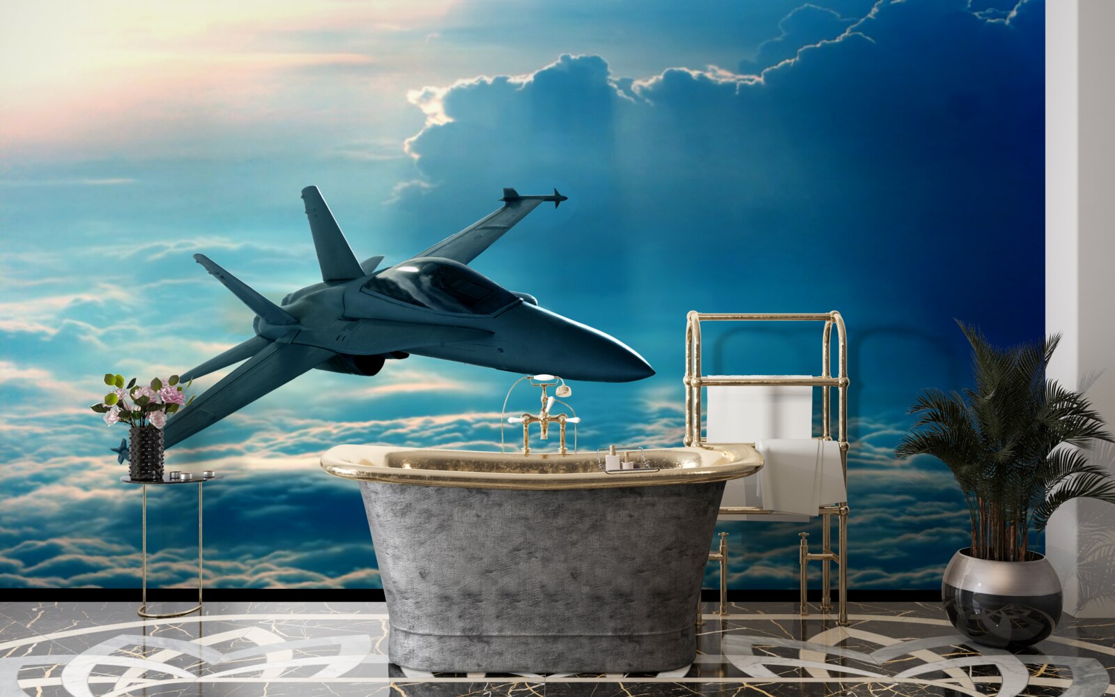 Fototapeta samolot bojowy pędzący przez chmury