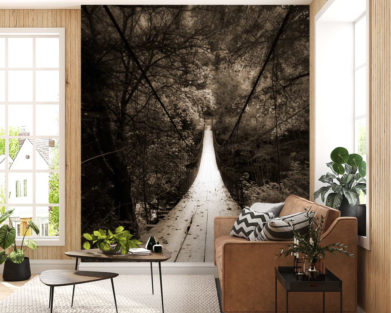 Fototapeta drewniany most łączący staw na terenie leśnym