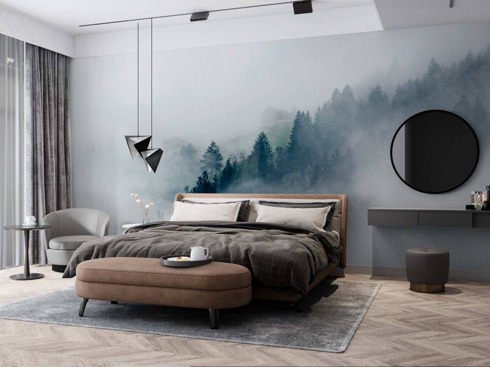 Fototapeta krawędź lasu spowija mgła