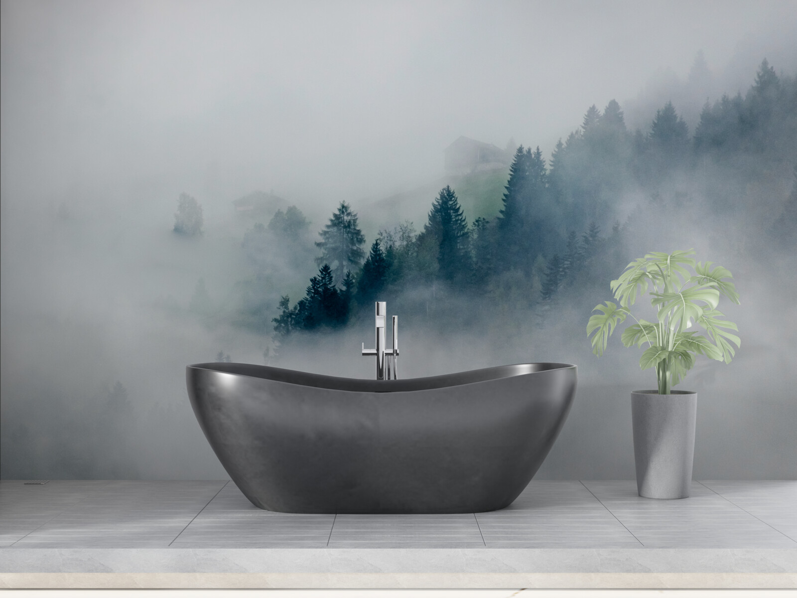 Fototapeta krawędź lasu spowija mgła