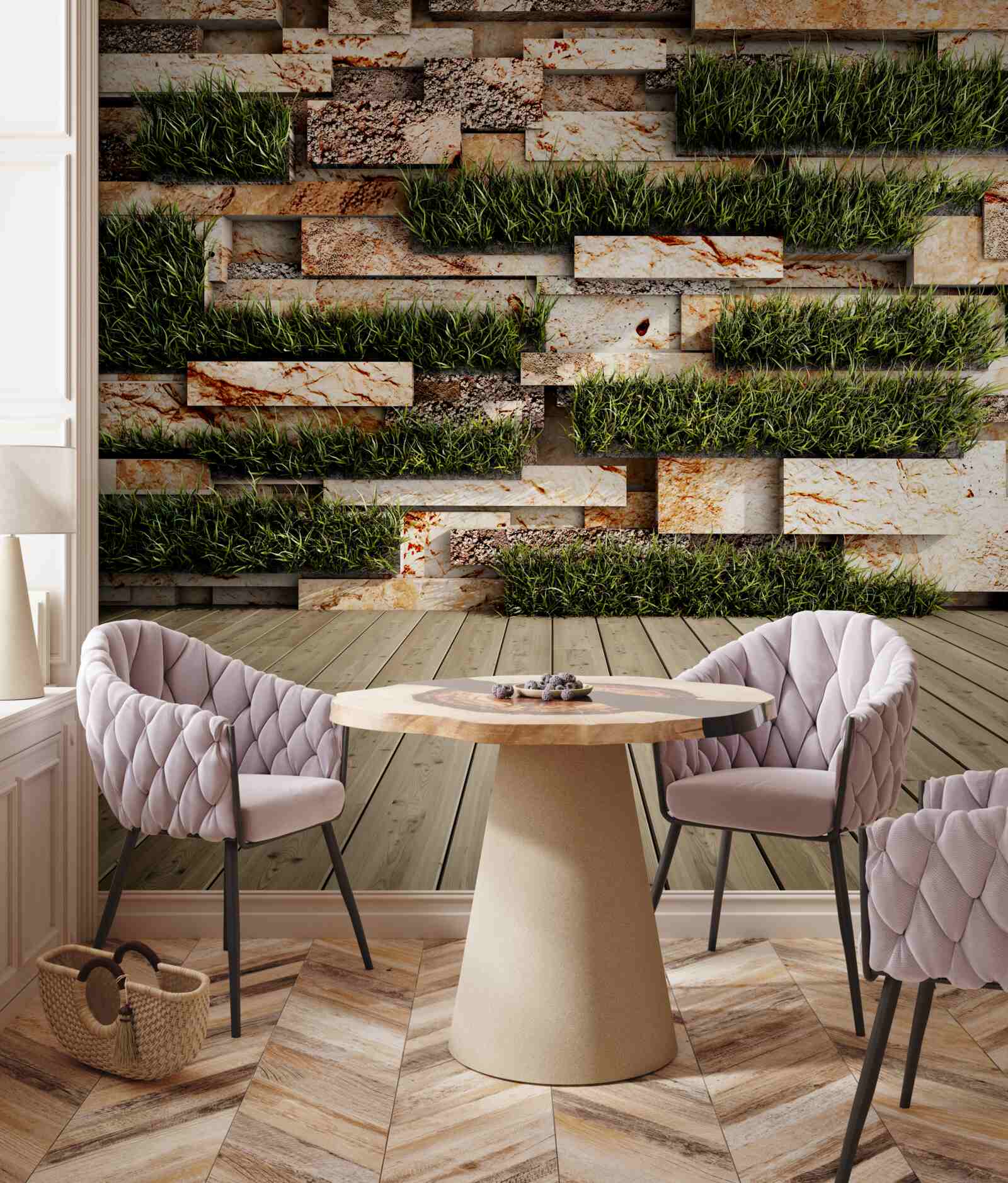 Fototapeta kamienna ściana ozdobiona zielonymi roślinami