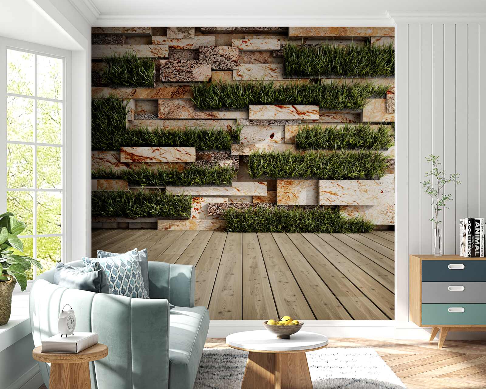 Fototapeta kamienna ściana ozdobiona zielonymi roślinami