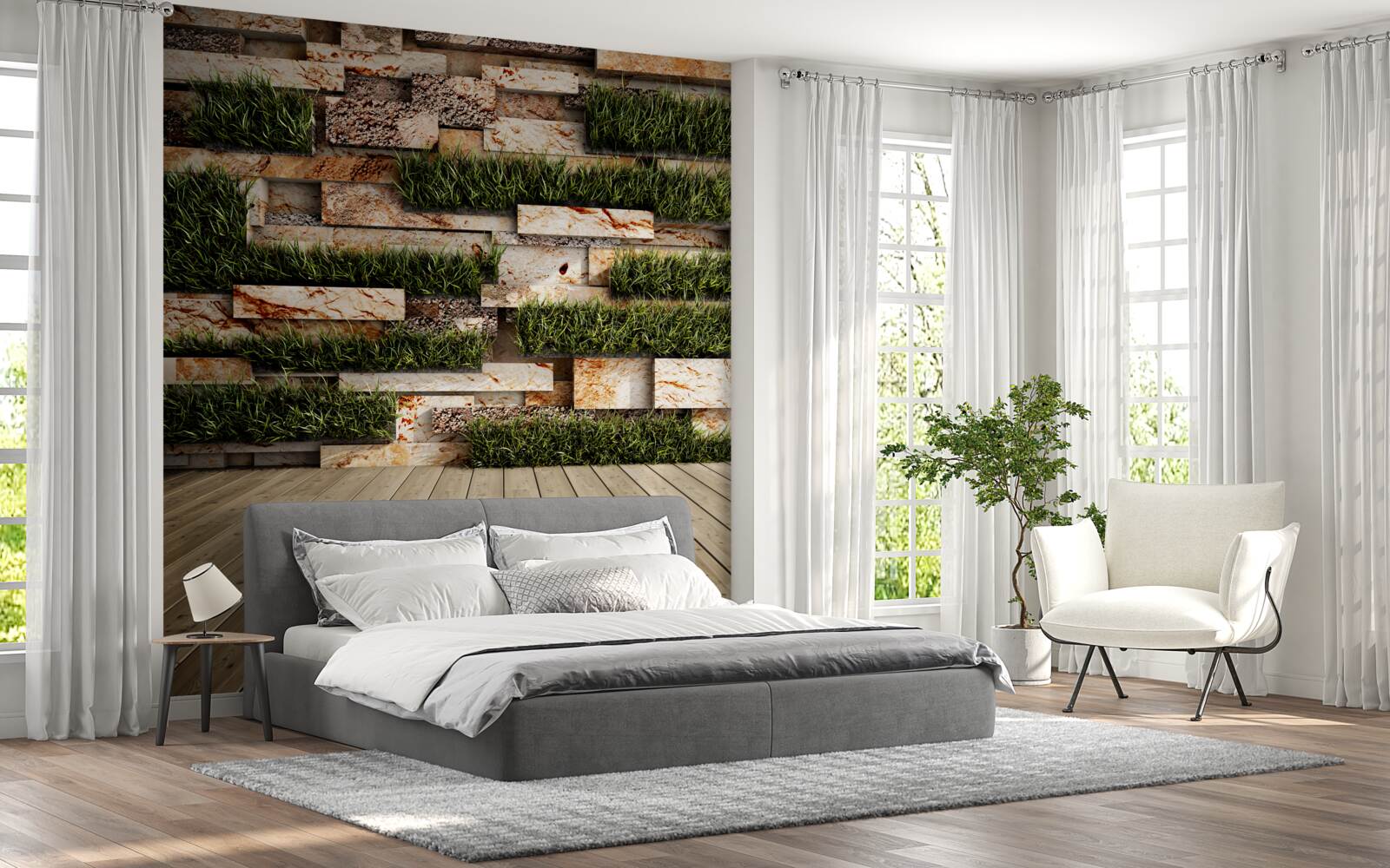 Fototapeta kamienna ściana ozdobiona zielonymi roślinami