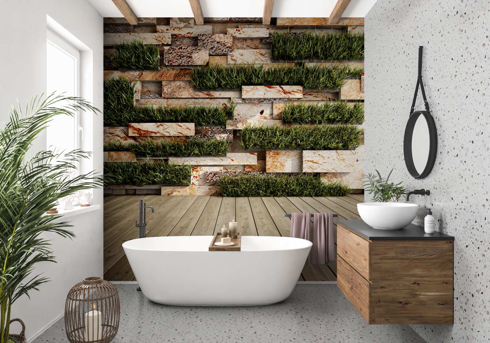 Fototapeta kamienna ściana ozdobiona zielonymi roślinami