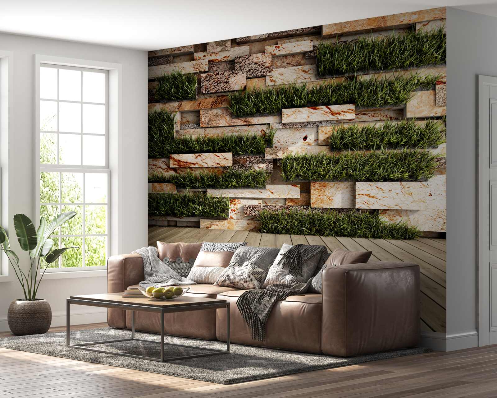 Fototapeta kamienna ściana ozdobiona zielonymi roślinami