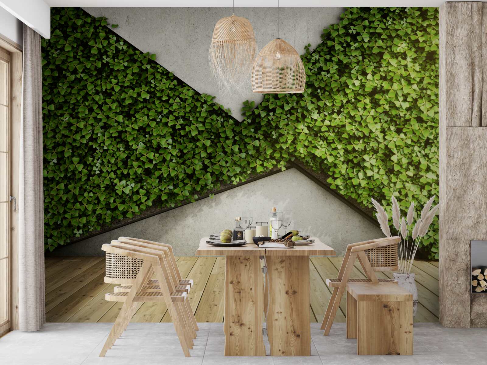 Fototapeta na podłodze parkiet i ściana ozdobiona żywymi roślinami