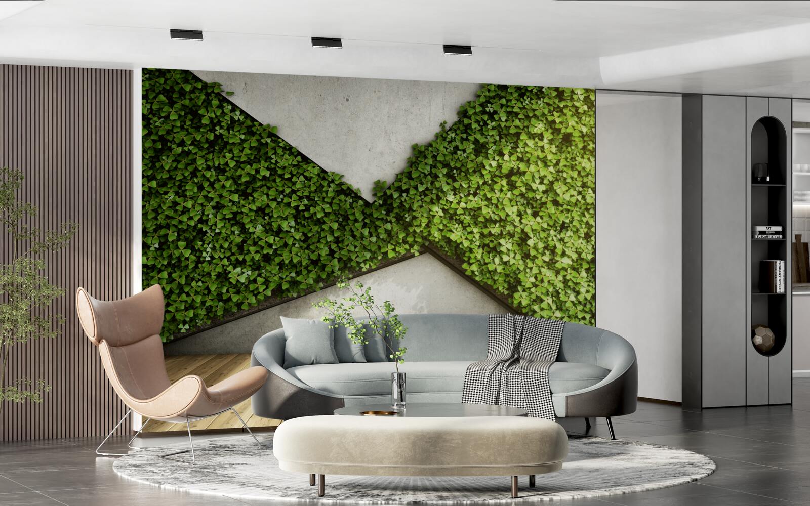 Fototapeta na podłodze parkiet i ściana ozdobiona żywymi roślinami