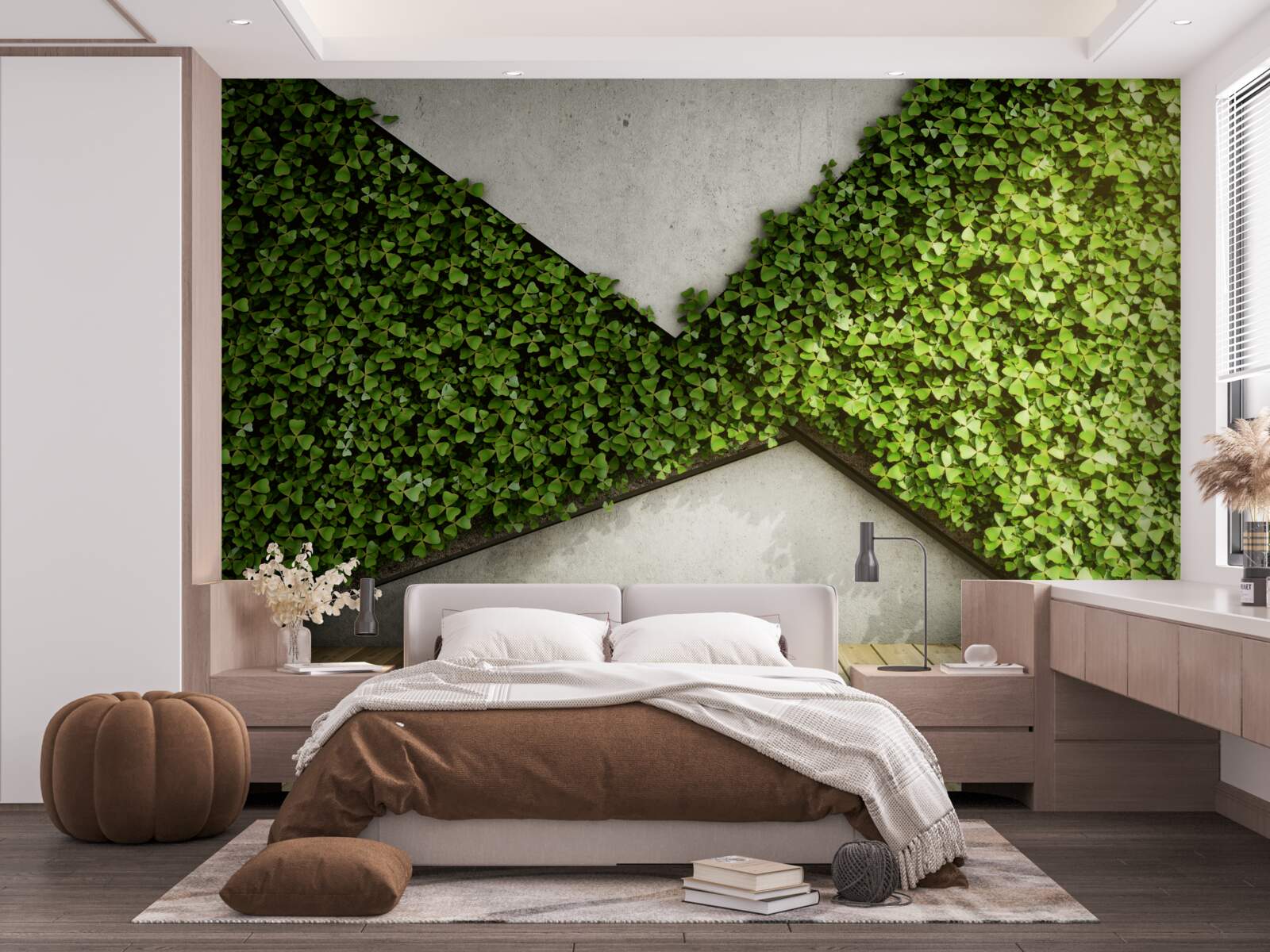 Fototapeta na podłodze parkiet i ściana ozdobiona żywymi roślinami