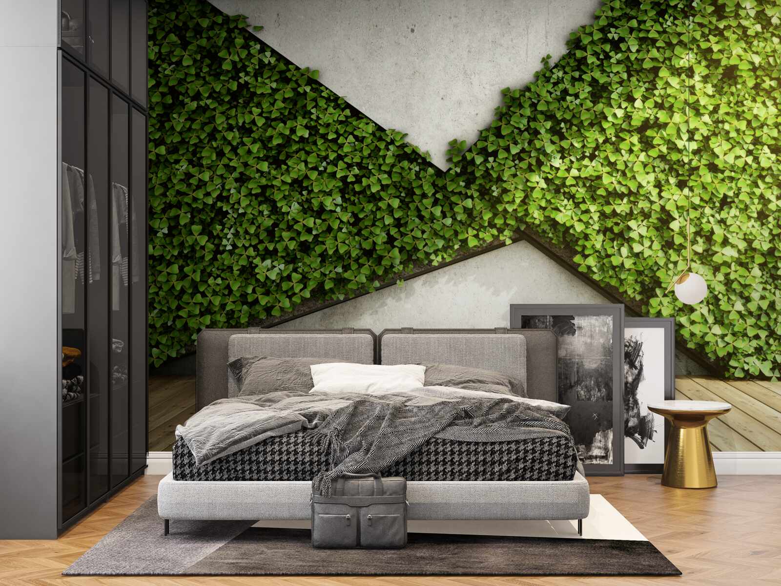 Fototapeta na podłodze parkiet i ściana ozdobiona żywymi roślinami