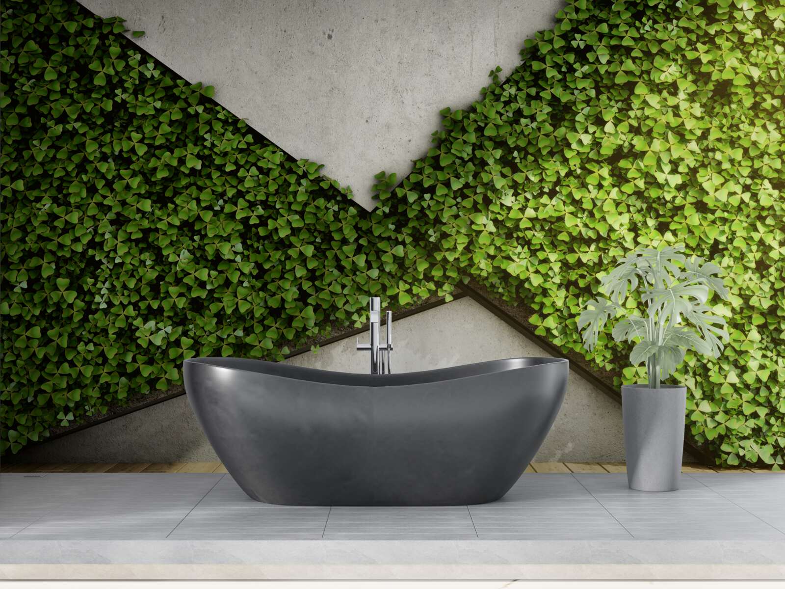 Fototapeta na podłodze parkiet i ściana ozdobiona żywymi roślinami