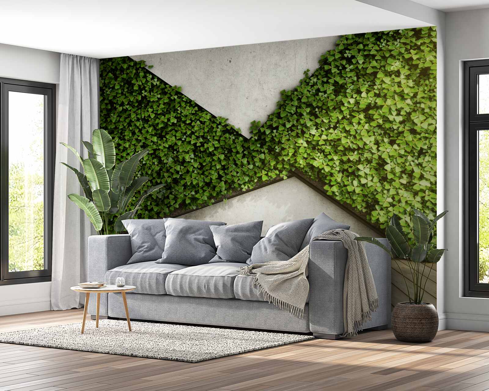 Fototapeta na podłodze parkiet i ściana ozdobiona żywymi roślinami
