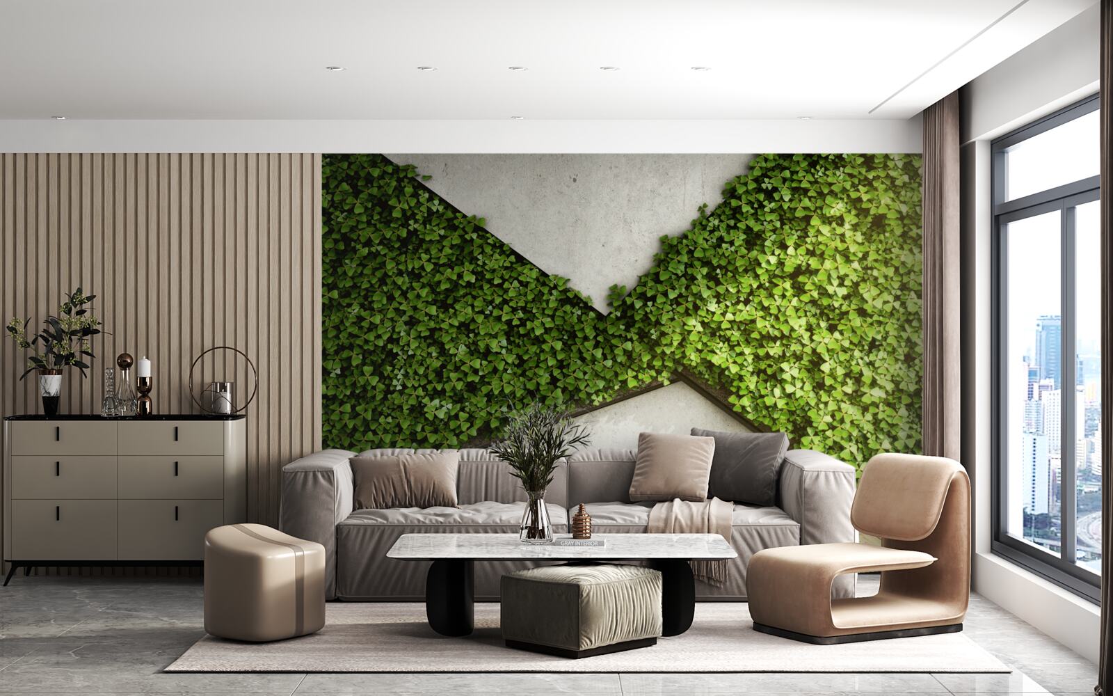 Fototapeta na podłodze parkiet i ściana ozdobiona żywymi roślinami