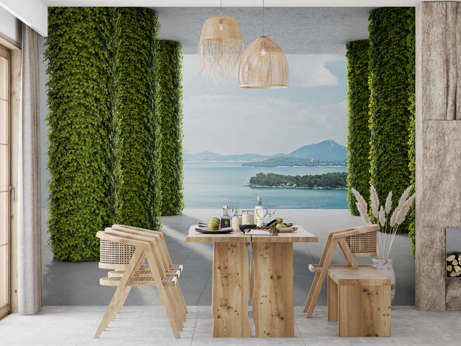 Fototapeta kolumnada wśród zieleni prowadząca do morza