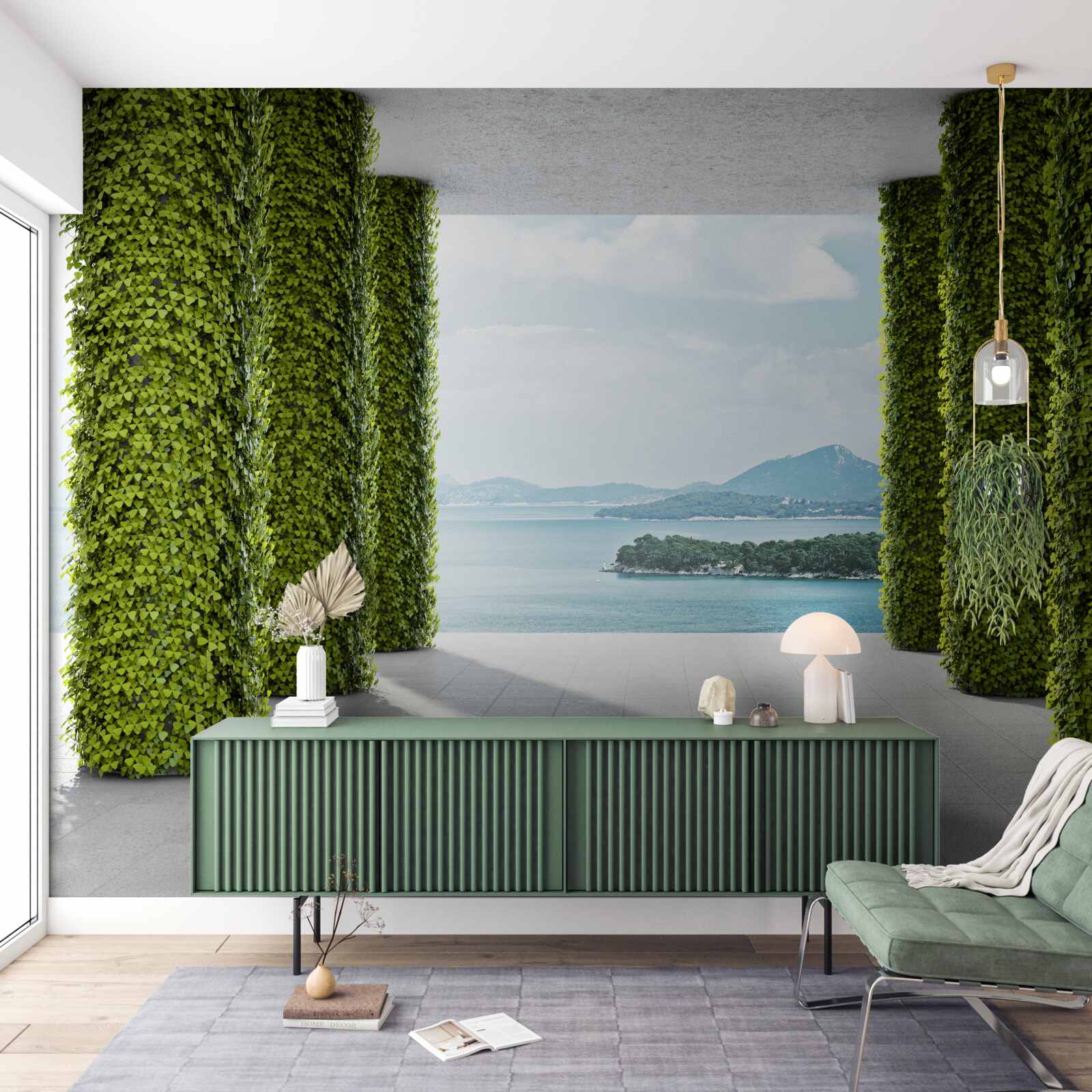 Fototapeta kolumnada wśród zieleni prowadząca do morza