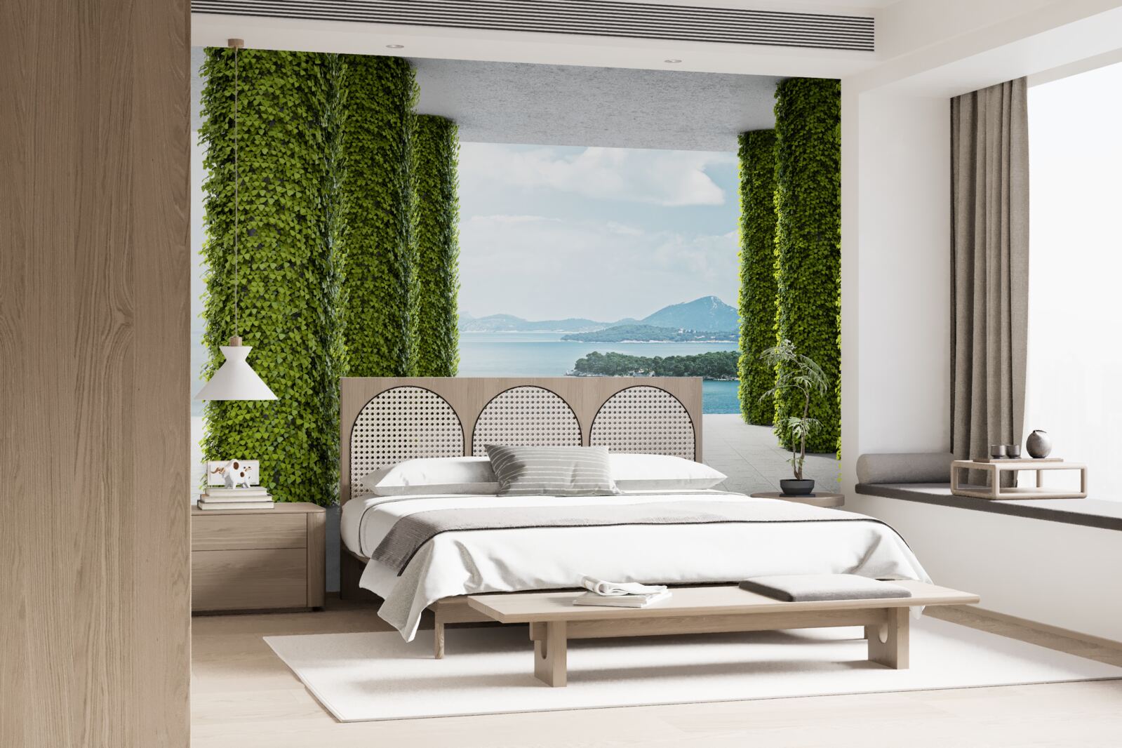 Fototapeta kolumnada wśród zieleni prowadząca do morza