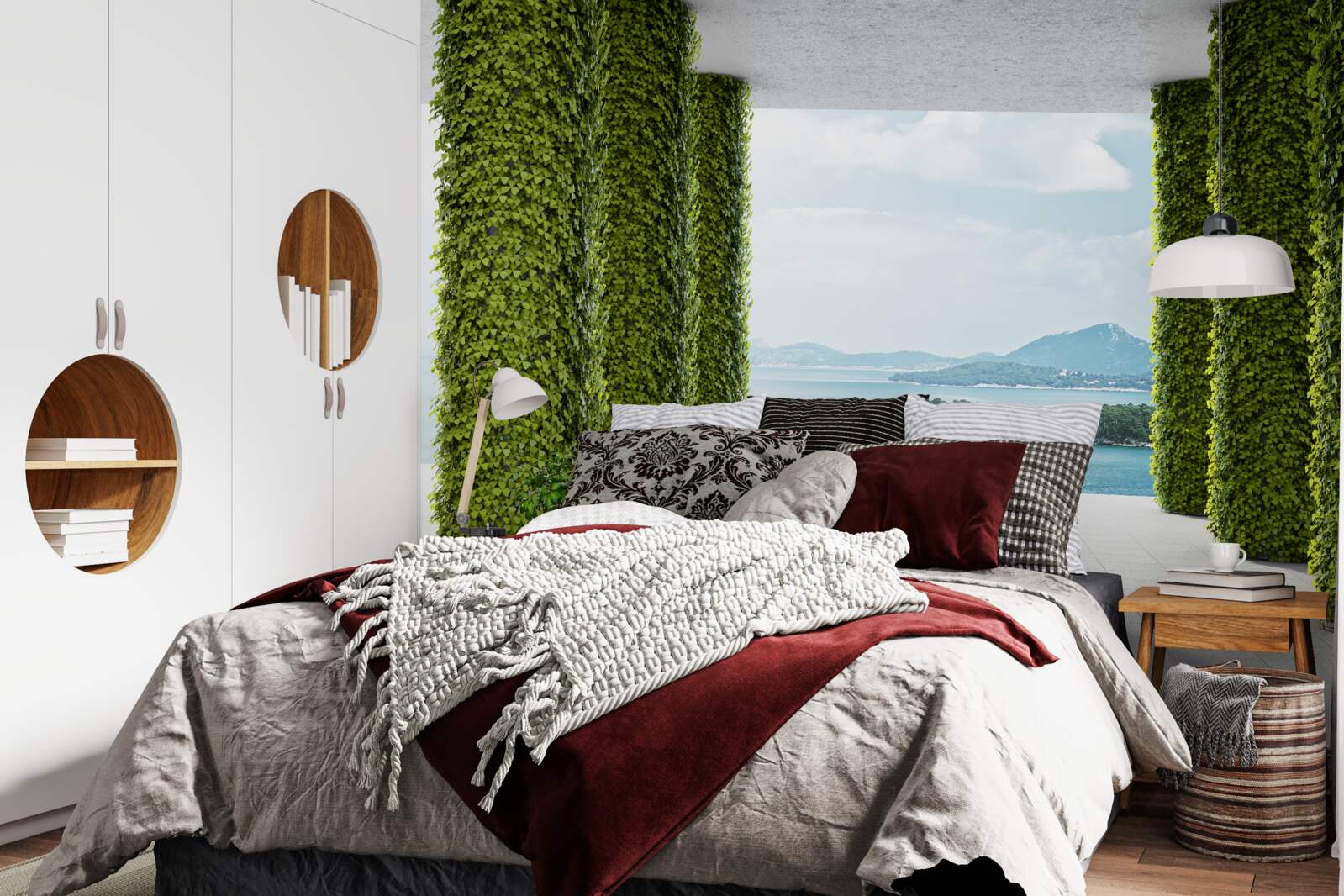 Fototapeta kolumnada wśród zieleni prowadząca do morza