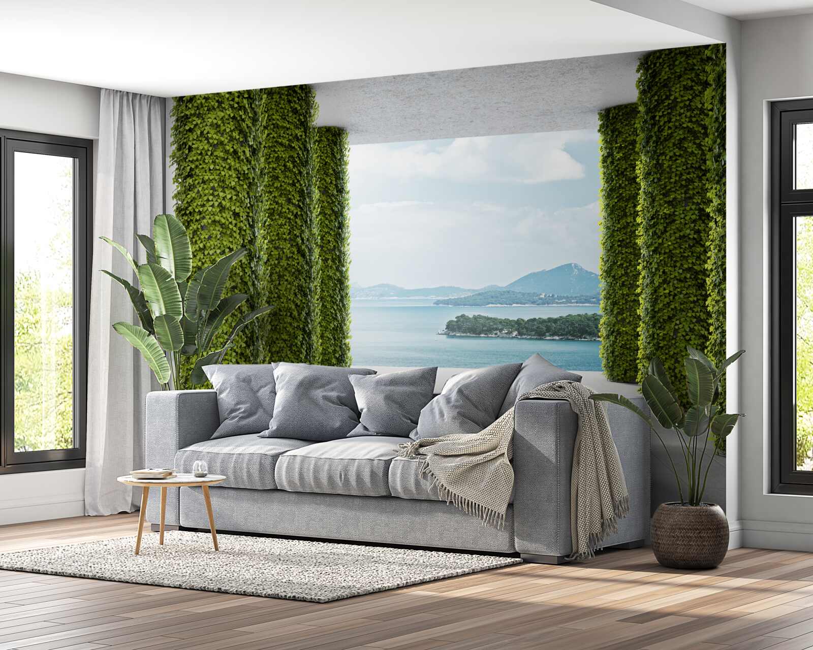 Fototapeta kolumnada wśród zieleni prowadząca do morza