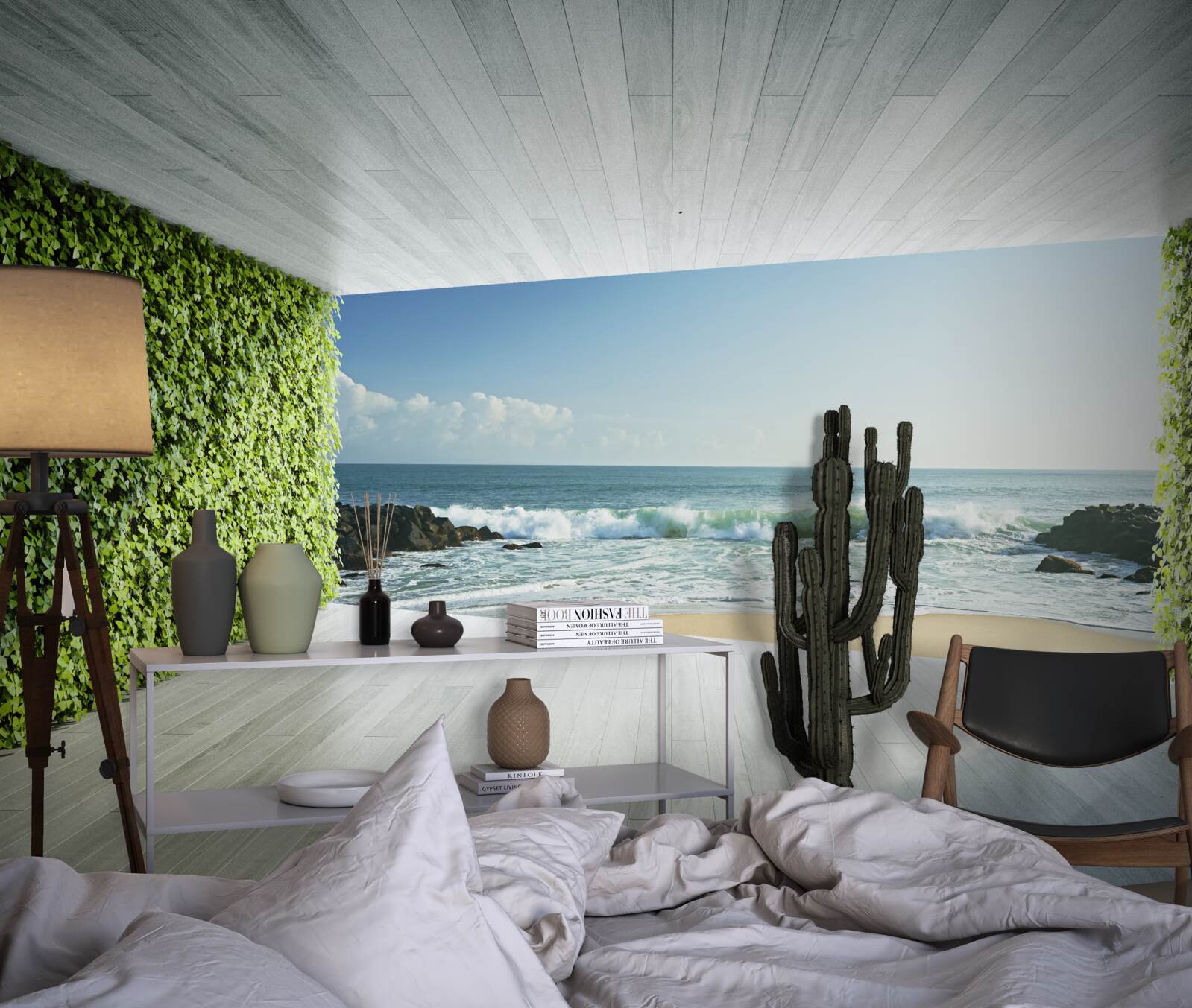 Fototapeta elegancki balkon w odcieniach zieleni z widokiem na wybrzeże