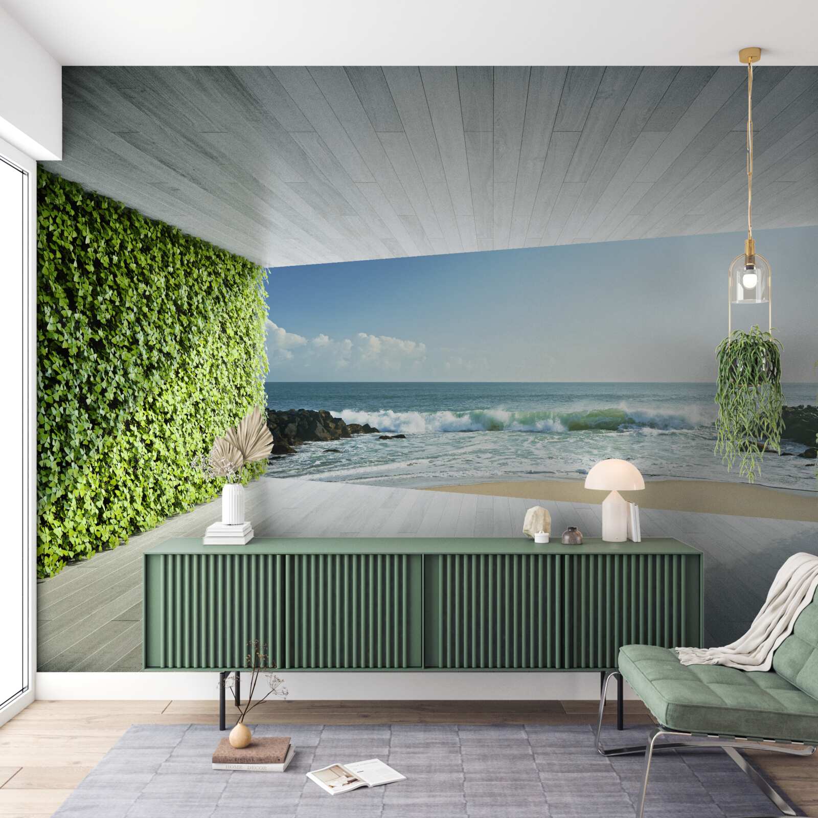 Fototapeta elegancki balkon w odcieniach zieleni z widokiem na wybrzeże