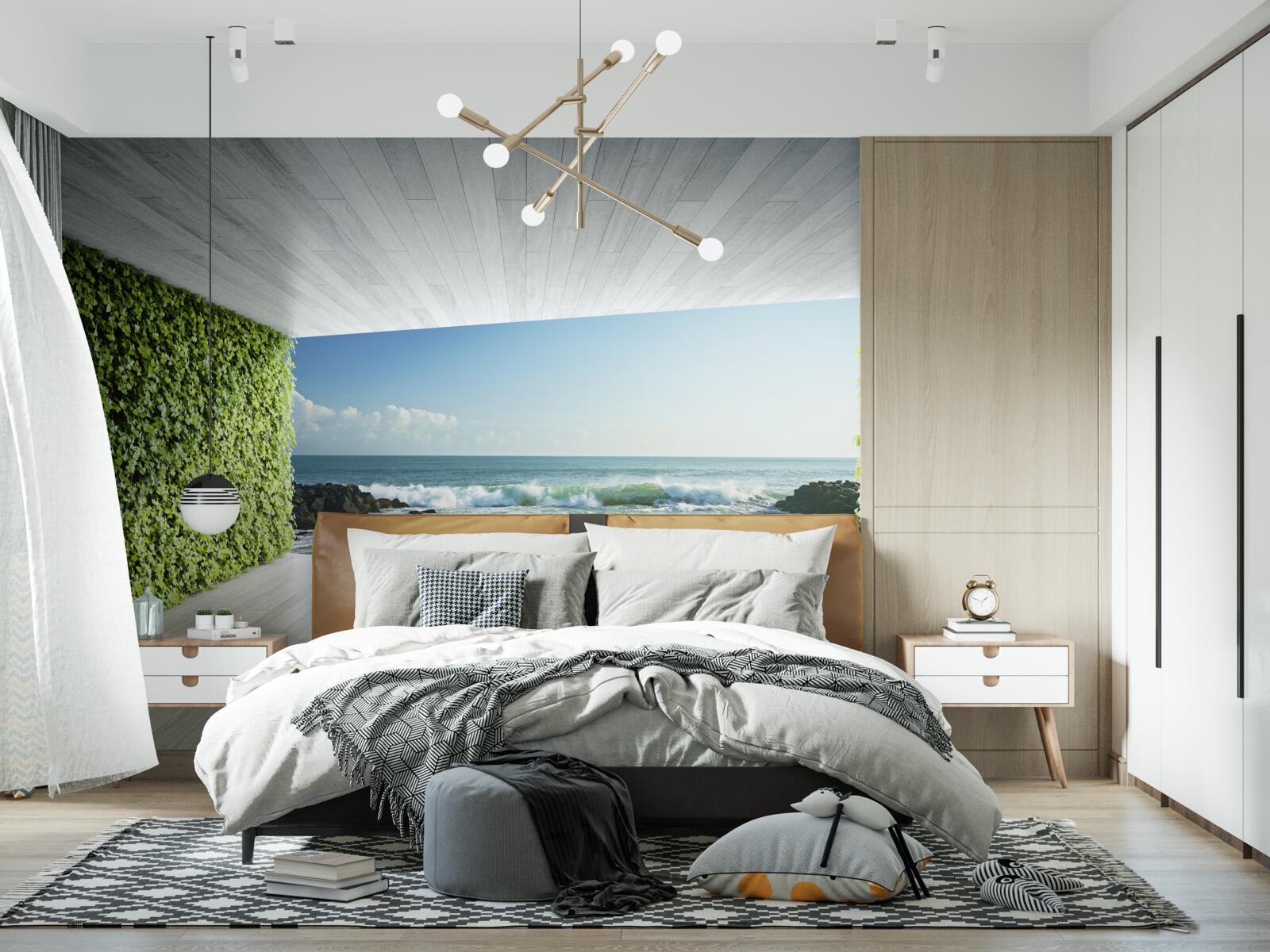 Fototapeta elegancki balkon w odcieniach zieleni z widokiem na wybrzeże