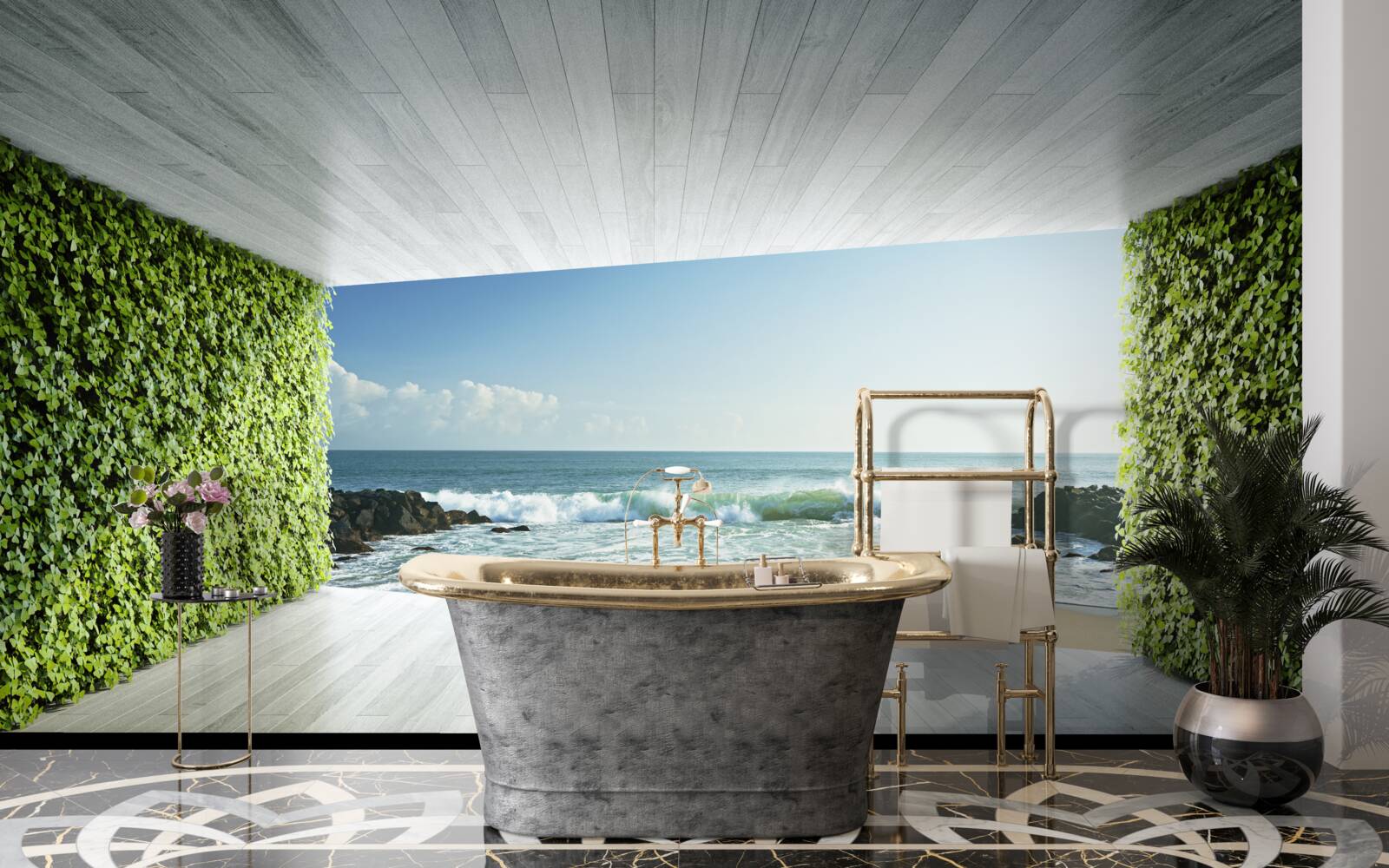 Fototapeta elegancki balkon w odcieniach zieleni z widokiem na wybrzeże