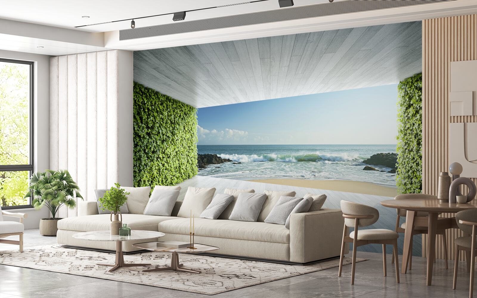 Fototapeta elegancki balkon w odcieniach zieleni z widokiem na wybrzeże