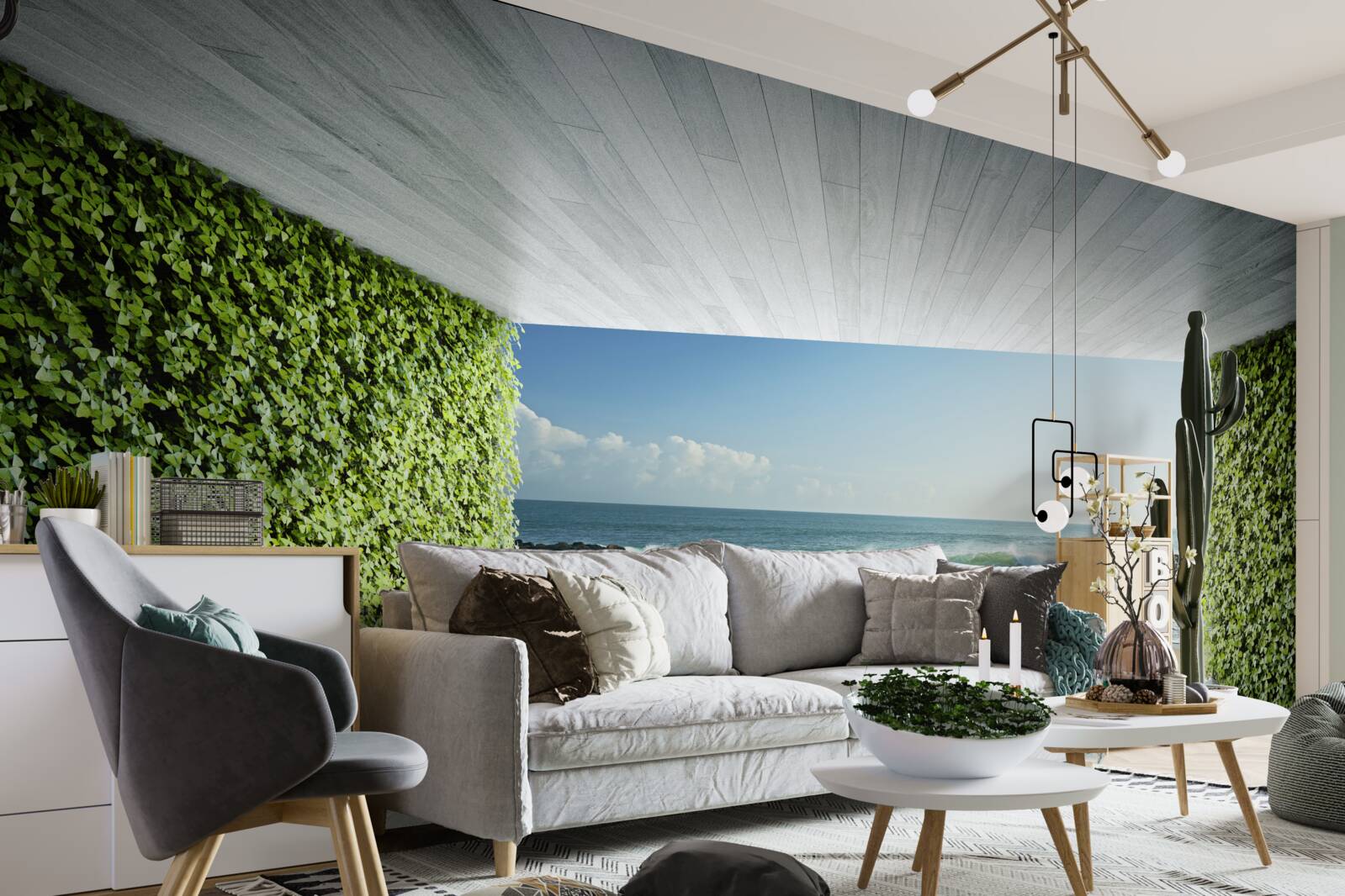 Fototapeta elegancki balkon w odcieniach zieleni z widokiem na wybrzeże