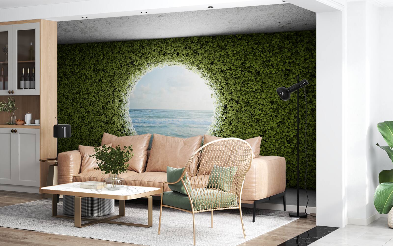 Fototapeta Ściana zielonych roślin z okrągłym otworem