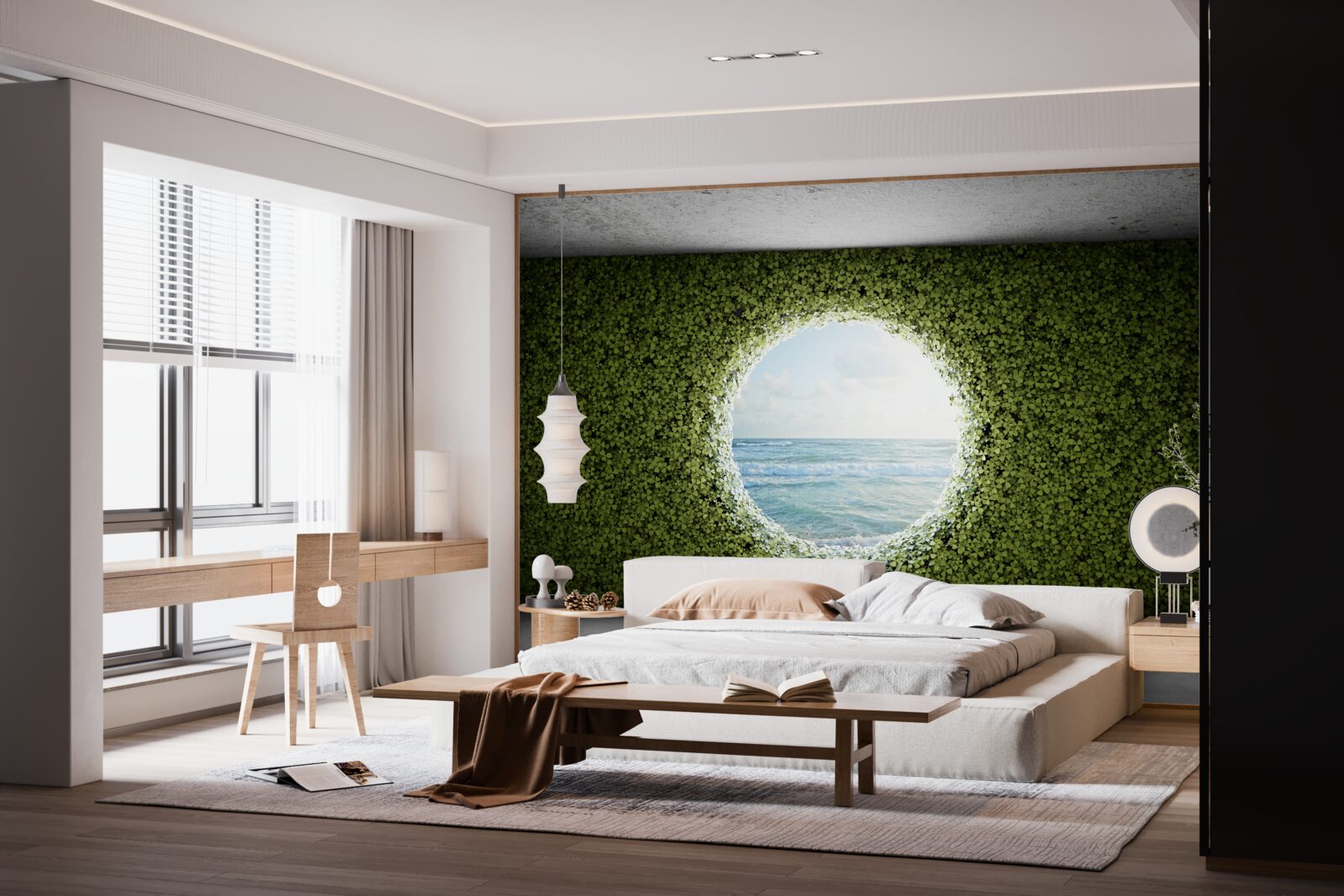 Fototapeta Ściana zielonych roślin z okrągłym otworem