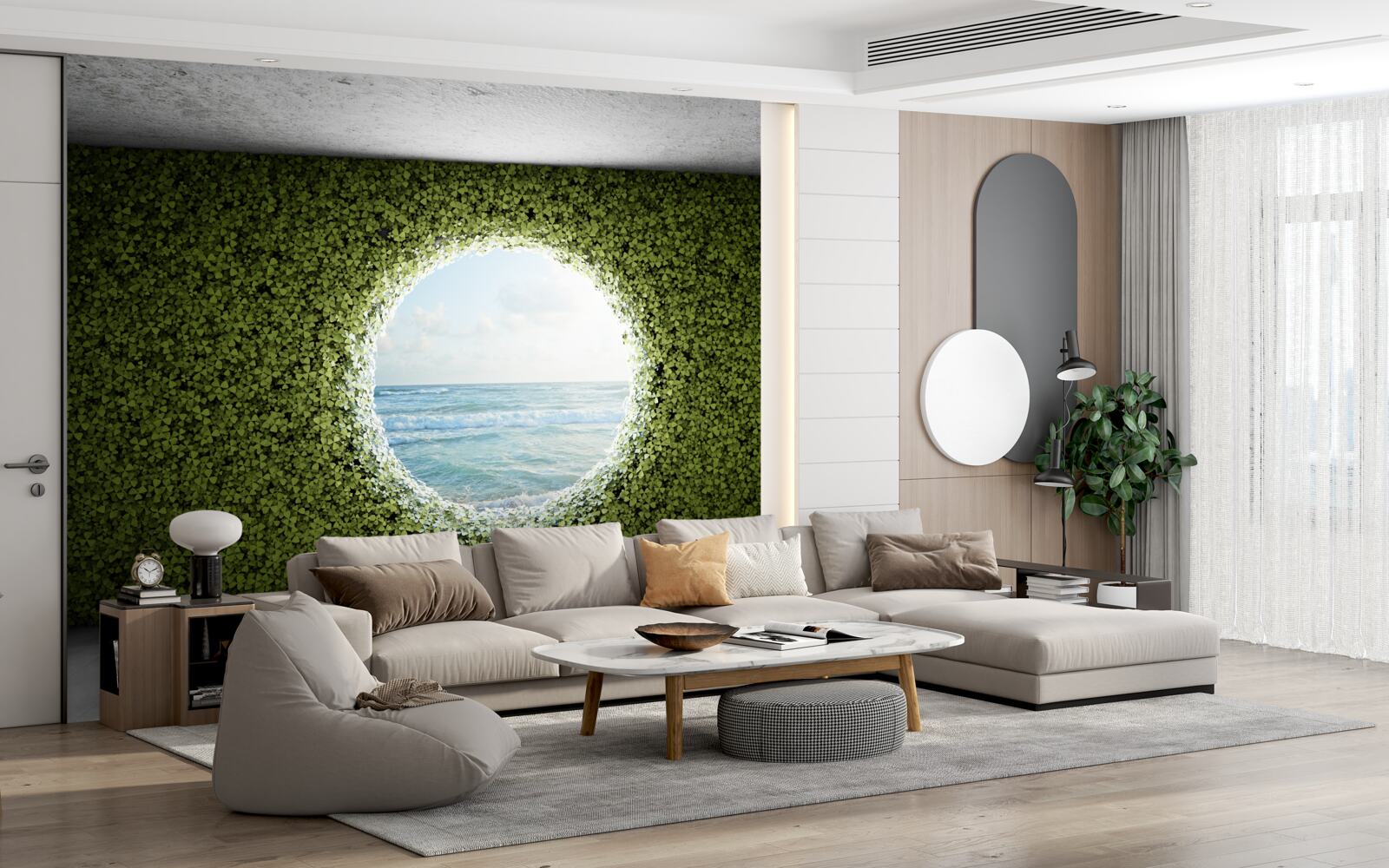 Fototapeta Ściana zielonych roślin z okrągłym otworem