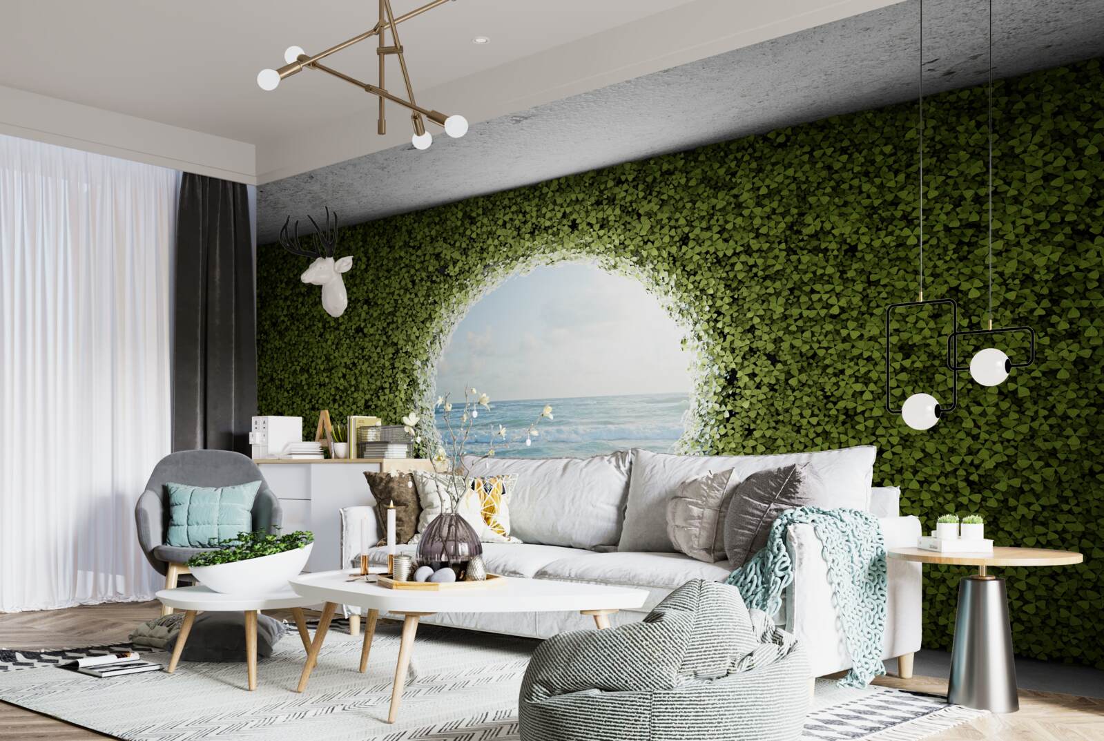 Fototapeta Ściana zielonych roślin z okrągłym otworem